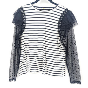 Boden Shirt Womens 6 Black Stripe Mesh Polka Dot Sheer Sleeve Ruffle Top‎ Casual